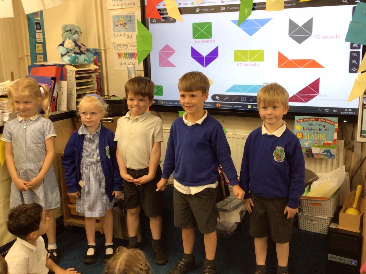Today we welcomed our friend Pip from accomplish Edu who helped us explore shape and space using triangles to make new shapes.  Later we used bead strings to measure.