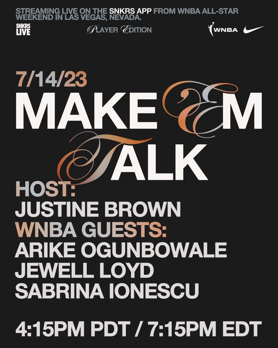 It’s #WNBAAllStar SZN in Vegas and we’re taking you to the party 🤩

Join us for SNKRS Live at 4:15PM PDT, with appearances from Arike Ogunbowale, Jewell Loyd, and Sabrina Ionescu 👇

snkrs.sng.link/Aoihh/3u5ye?_d…