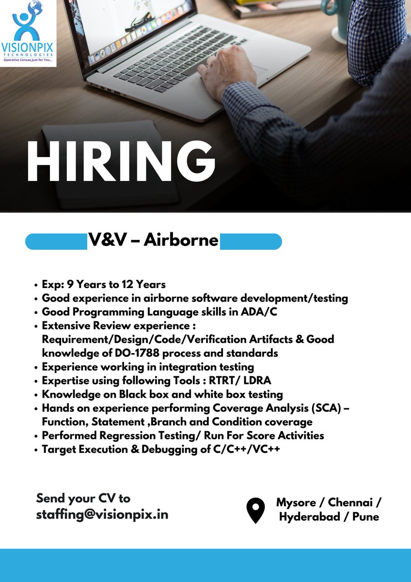 Visionpix_llp's tweet image. Hiring for Level 5 MNC.

Eligible candidates share your resume to staffing@visionpix.in.

#airbrone #softwaredevelopers #whiteboxtesting #blackboxtesting

#hiringimmediately