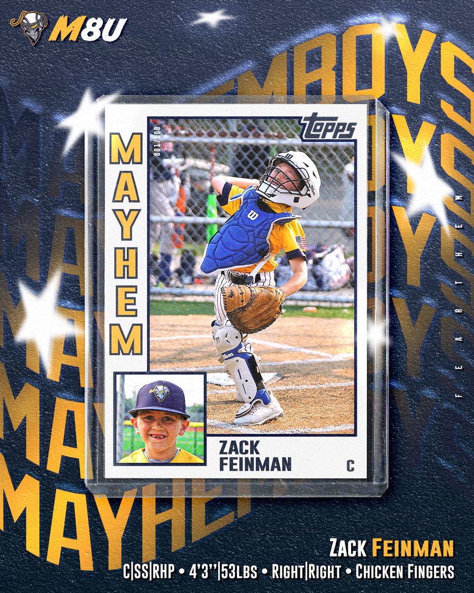 PP23 Series • M8u Berman

Zack Feinman is a C|SS|RHP for the 8u MayhemBoys. He stands at 4’3” and 53lbs. Zack is a Right handed hitter and slings it from the Right side. His Favorite Food to eat is Chicken Fingers. 
_
Fear the M