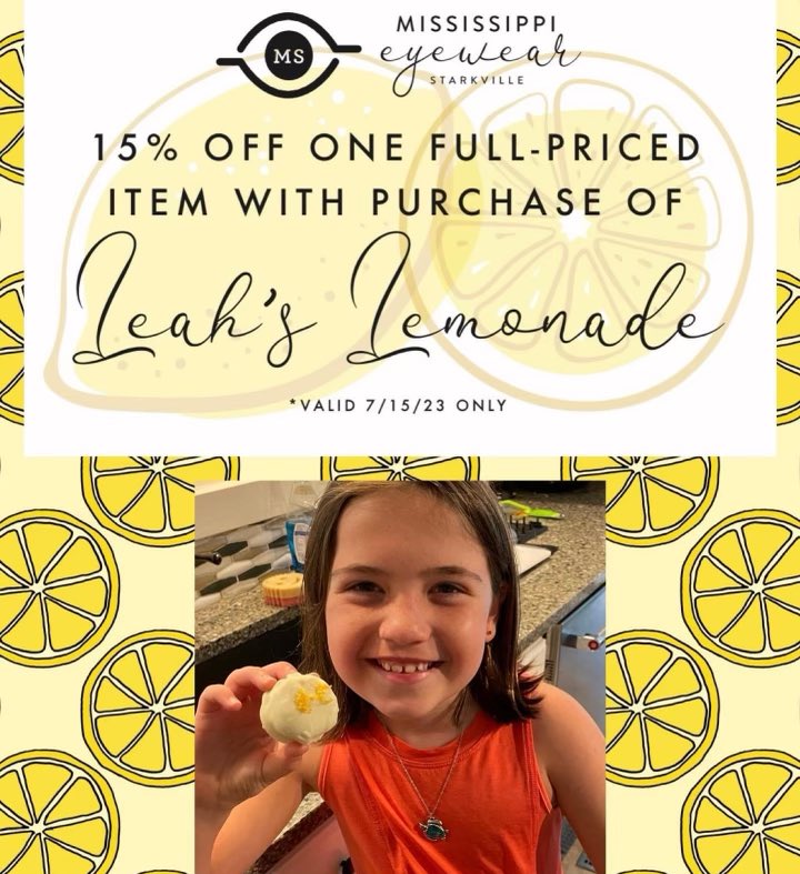 sct_tweets's tweet photo. 🍋💛Come enjoy National Lemonade Day this Saturday! Let our sweet friend Leah help you cool off this Saturday with some iced cold lemonade and homemade lemon truffles! A portionof her proceeds benefit SCT. She will be set up just a few doors down in front of Mississippi Eyewear. https://t.co/uSLuXdYfcC