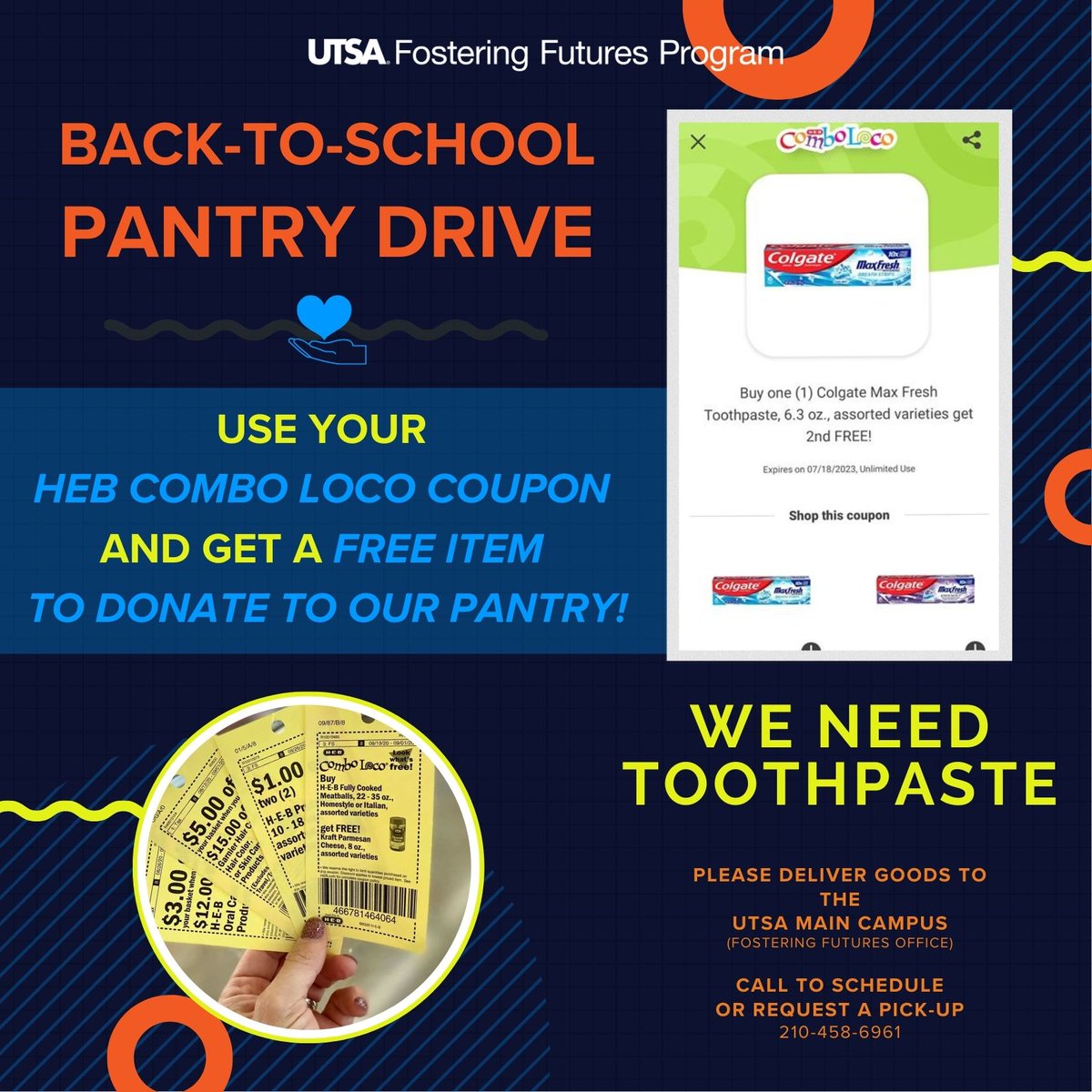 utsafosteringfp's tweet photo. Our 📚 Back-to-School 📚 pantry drive continues this week! 

➡️ Use this coupon at @HEB and get a FREE toothpaste to donate to the #UTSA Fostering Futures Program! 

🙏 Thank you for your support of students who have a history of foster care! 🏆 #birdsup 

#utsafosteringfutures https://t.co/pjiM3ekDrk