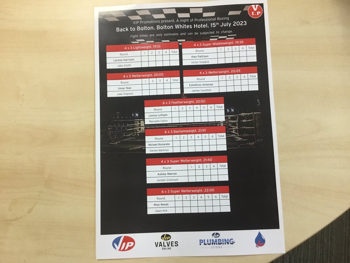 Running order for <a href="/vipboxing/">VIPboxing</a> event at <a href="/BolStadiumHotel/">Bolton Stadium Hotel</a> tomorrow evening . Tickets on the door for anyone that fancies it 👊