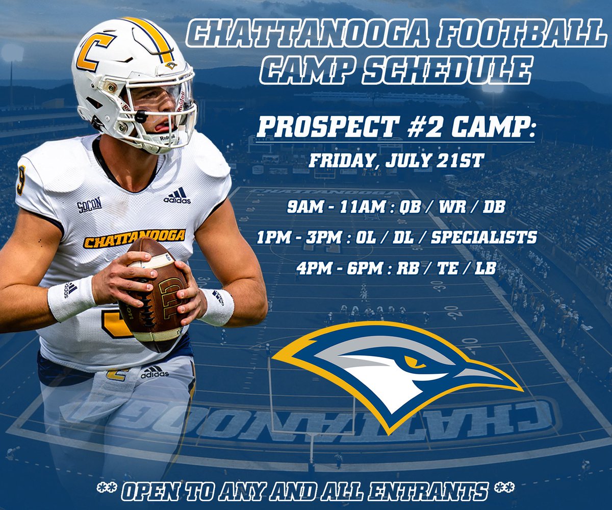 🚨We are ONE WEEK away from our last prospect camp of the summer!! Don’t miss out on your chance to attend!! 🔗 - …attanoogafootballcamps.totalcamps.com/shop/EVENT #GoMocsFB | #ClimbTheMtn