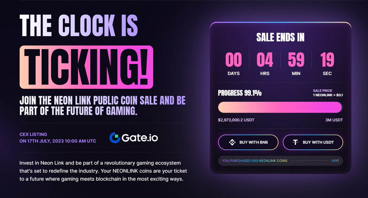Crypto_Dhragon's tweet image. #NeonLink Public #tokenSale is almost gone!!! 

Last minutes to get your #Tokens !!!

#Ethereum or #BNB chain.... GO GO GO!!!

#Crypto #NEON #NeonEVM #GameFi #startups #altcoins #Gateio #startup #Blockchain #BlockchainGaming #BlockchainGame #ICO #IGO #NFTs
sale.neonlink.io