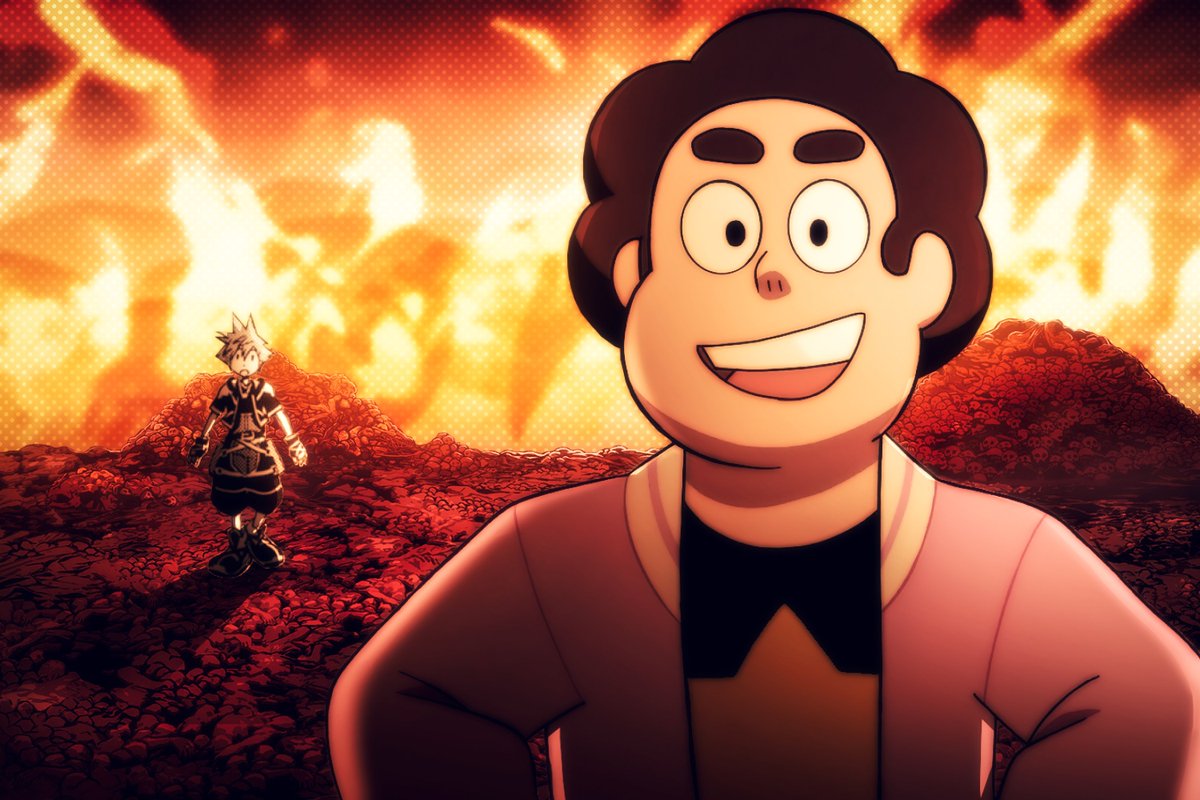 SpitHealz's tweet photo. Good morning, guys!
How's everyone doing today?

If you ignore the fact that I'm walking through a literal burning battlefield during a war, I'm doing pretty alright.

At least I found Sora! https://t.co/9YAfWfz52i