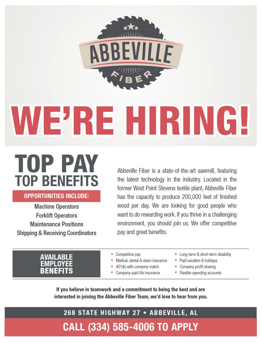Abbeville Fiber is now hiring multiple positions! They have top pay and top benefits, so apply today by calling (334) 585-4006! #hiring #applynow #southeastalabamaworks