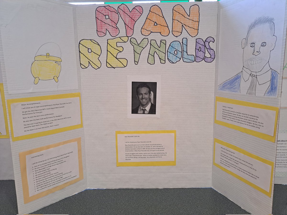 JLNagy8's tweet photo. Hey @VancityReynolds!  Check out the "Famous Canadian" project one of our @KanakaSD42 Grade 4 students did!  We're still in session here in Maple Ridge and thought you'd get a kick out of their hard work, particularly your portrait!  @sd42news https://t.co/3loFZRSc6z