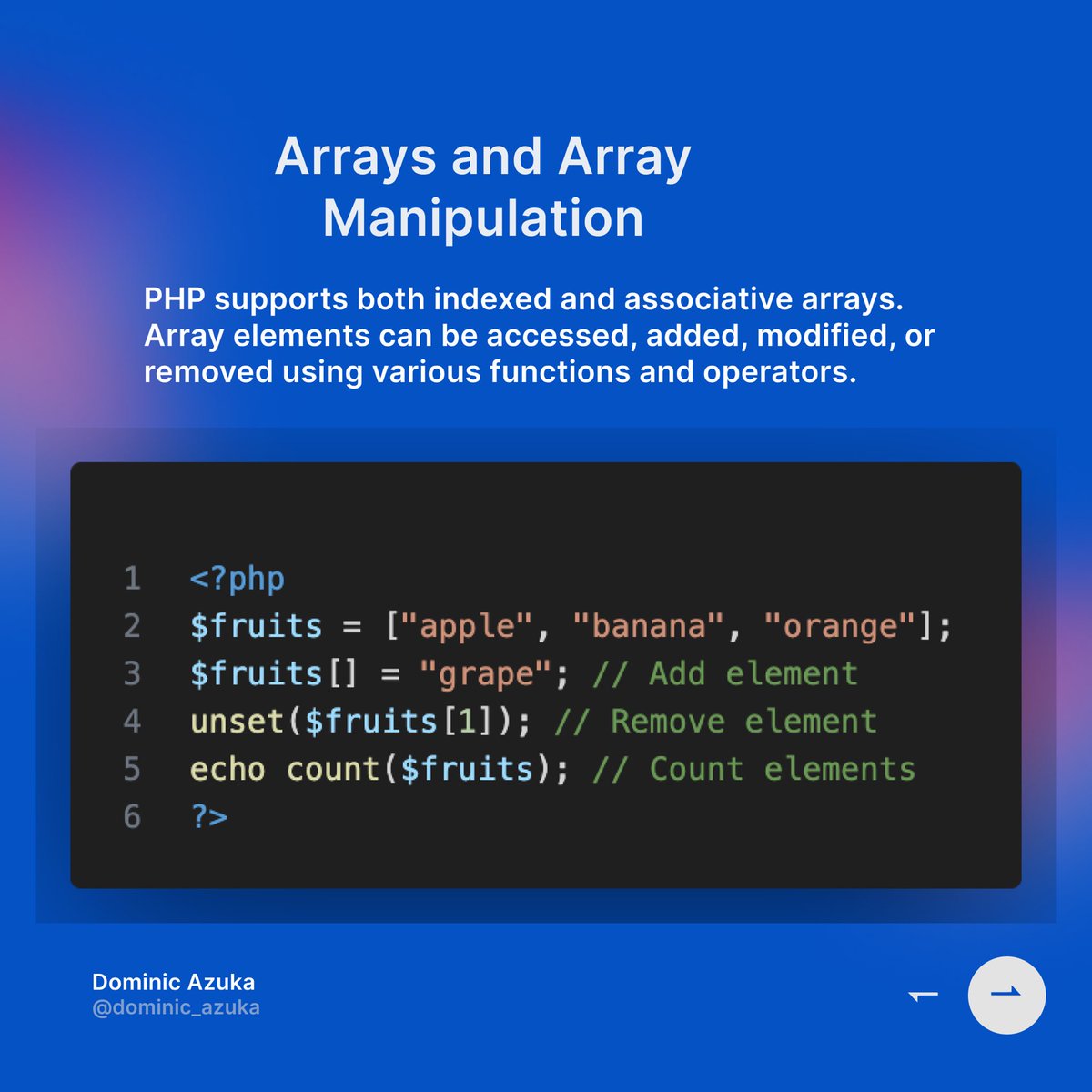 dominic_azuka's tweet image. 🌿 Master the art of arrays in PHP! Manipulate data with ease using indexed and associative arrays. #PHPArrays #DataManipulation