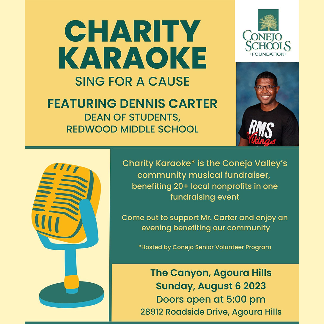 "Charity Karaoke, Sing for a Cause" returns to the Conejo on August 6th! Dennis Carter, CVUSD's Dean of Students for <a href="/Redwood_MS/">Redwood MS</a>, will be hitting the stage to sing a song for a great cause: <a href="/ConejoSchoolsFd/">Conejo Schools Fdn</a>, benefitting CVUSD students. 🎤
Learn more: conejousd.org/site/default.a…