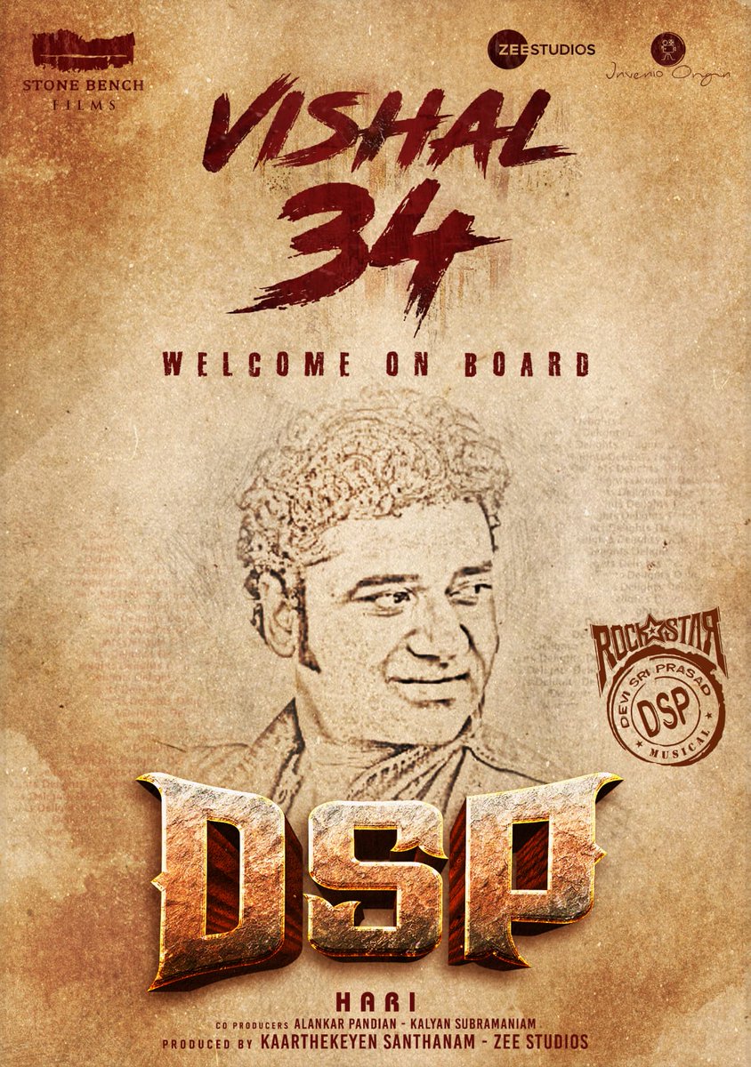 Hit the drums 🥁

Rockstar @ThisisDSP on board #Vishal34 - get ready for some foot tapping music coming your way!

#DSPjoinsVishal34 #ProductionNo14 <a href="/VishalKOfficial/">Vishal</a> #Hari <a href="/stonebenchers/">Stone Bench</a> @ZeeStudiosSouth <a href="/kaarthekeyens/">Kaarthekeyen S</a> @alankar_pandian <a href="/karthiksubbaraj/">karthik subbaraj</a> <a href="/Kirubakaran_AKR/">Kirubakaran Ramasamy</a>