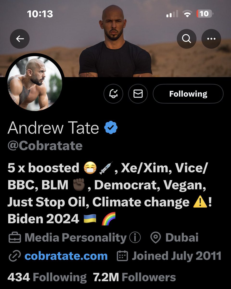RedPilled_Siren's tweet photo. Has anyone noticed Andrew Tates's bio??? 😂😂😂😂 https://t.co/l1OlVNGOih