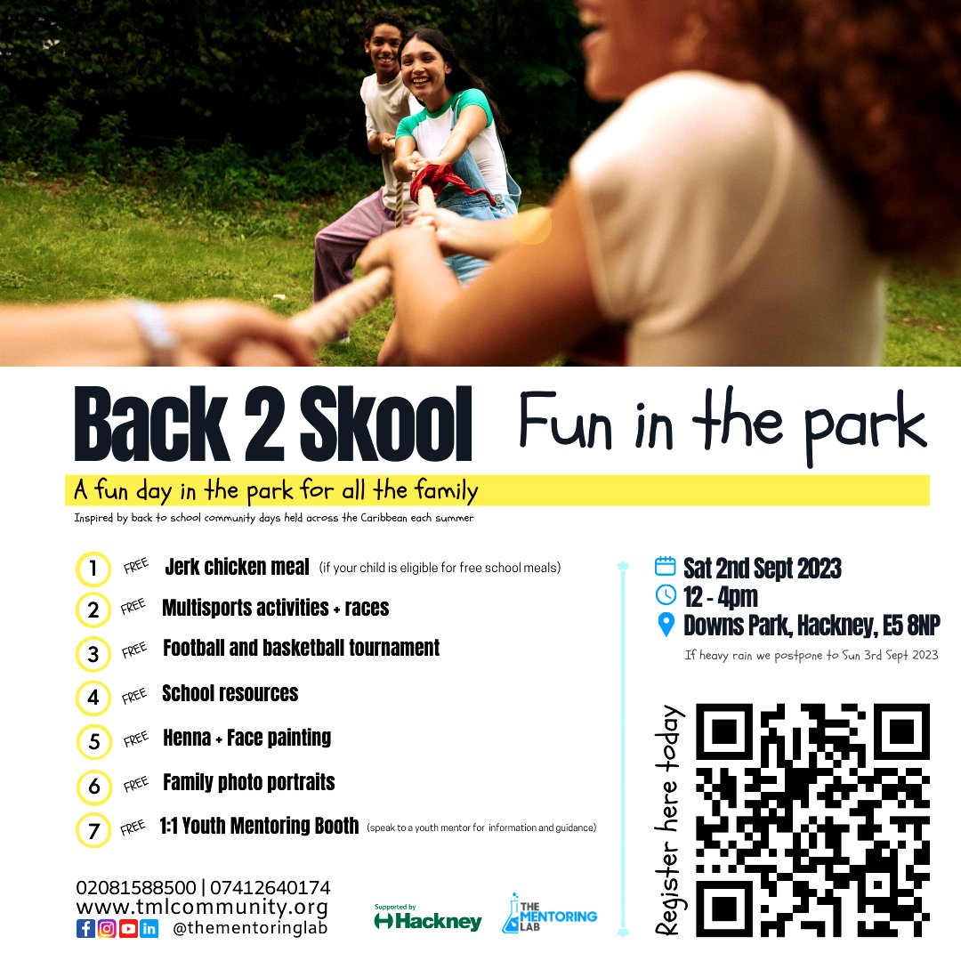 TheMentoringLab's tweet image. 🎉 Back 2 Skool - Fun in the park! 🎉

🗓️ Date:  Saturday 2nd September 2023
⏰ Time:  12pm to 4pm
📍 Location: Round Chapel Hackney, ID Glenarm Rd, Lower Clapton, E5 OLY

#TheMentoringLab #SummerGameTime #Back2Skool #FunInThePark #YouthWork