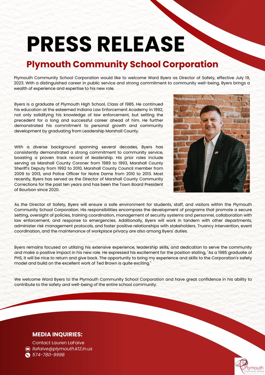 Please join us in welcoming Ward Byers as our new Director of Safety! #PlymouthCSC_IN #ChoosePCSC #PCSCweCARE