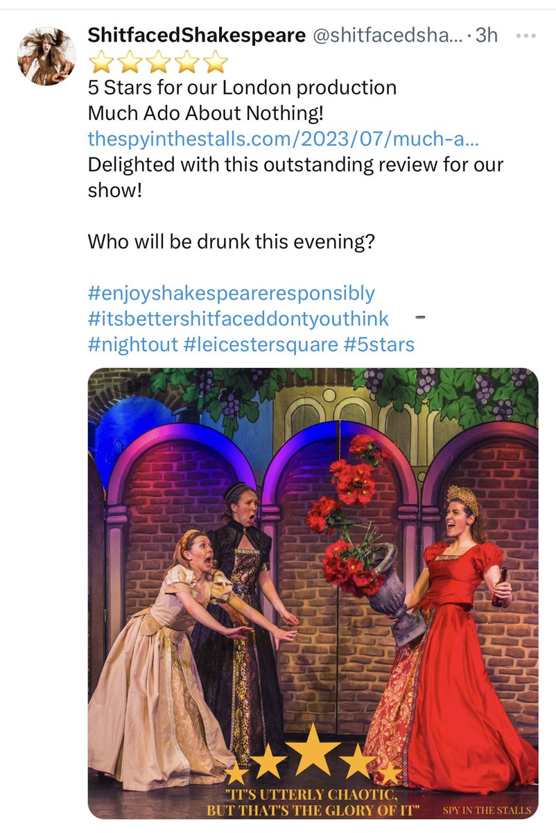 Wonderful way to start the weekend seeing a client on a 5 Star review. Very well done <a href="/HollyDurkinx/">Holly Durkin</a> <a href="/shitfacedshake/">Sh!t-faced Shakespeare®</a> #proudagent #theatre #workingactor #actorslife #talentagent #talentagency