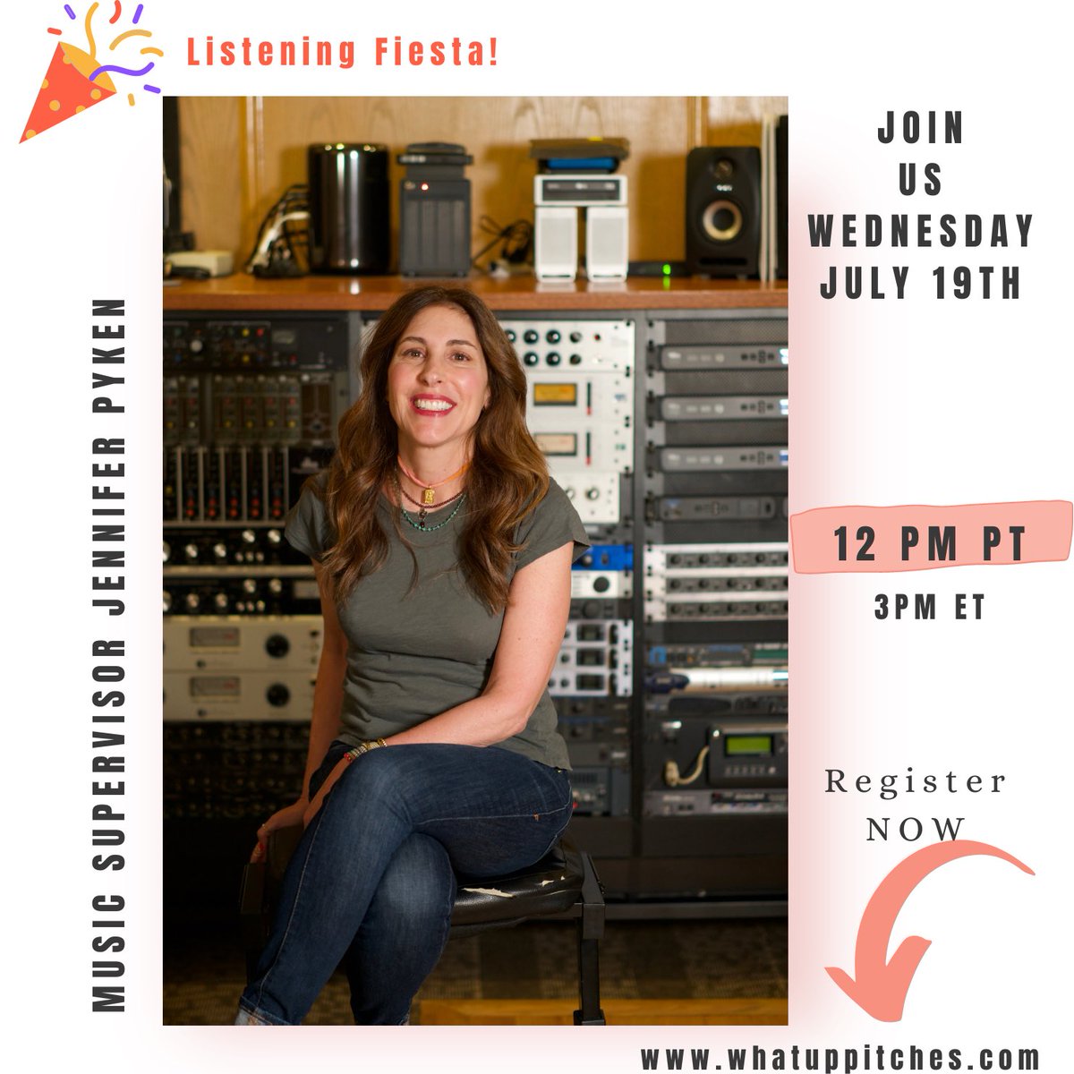 Listening Fiesta 🎉 with music supervisor <a href="/jenpyken/">Jennifer Pyken</a> is now OPEN FOR REGISTRATION! Visit our website whatuppitches.com to register for free 🥳. Submissions open today, Friday, July 14 at 5pm PT.

Date of Fiesta: Wednesday, July 19
Time: 12:00pm PT / 3:00pm ET
Cost: Free
