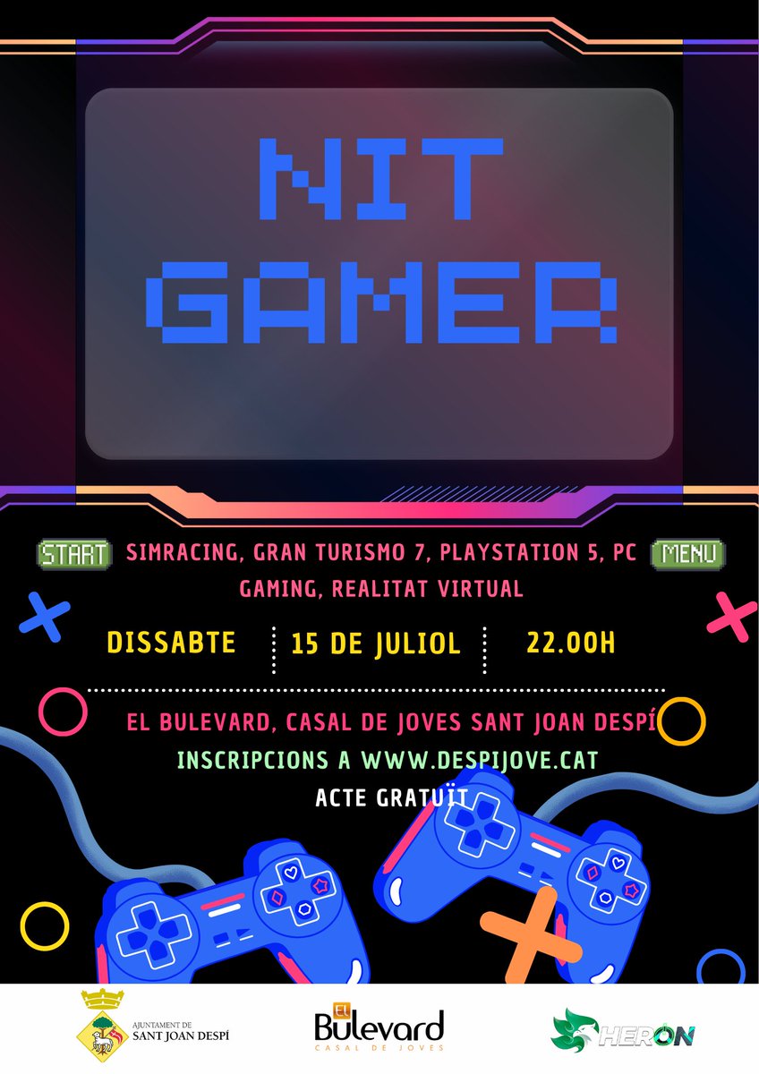 Mañana no te puedes perder la Nit Gamer:

🟢PS5
🟢Sim Racing
🟢PC Gaming
🟢Realidad Virtual

Inscripciones GRATIS aquí:
✏️despijove.cat

Sitio:
📍Casal de Joves, Sant Joan Despí goo.gl/maps/gqDXt1PCp…

Y todo esto será GRATIS, GRATIS Y GRATIS 😉