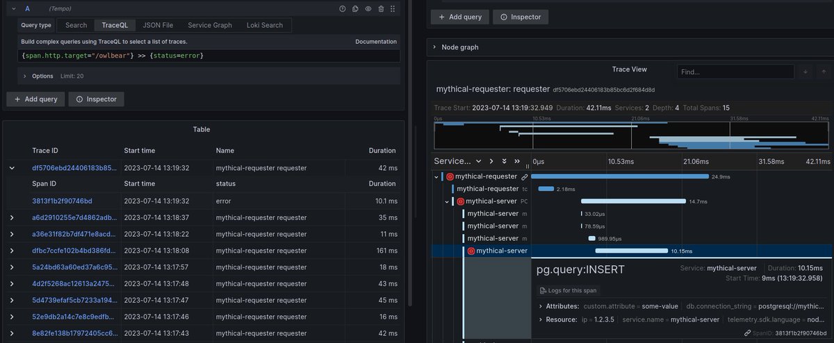 Just merged structural operators to @Grafana Tempo and they are awesome. Use the descendant selector to find errors anywhere beneath a struggling endpoint:
