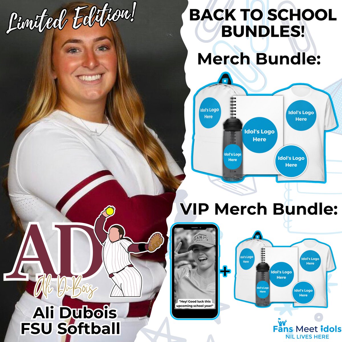 FansMeetIdols's tweet photo. Get ready for Fall with Back To School Merch &amp; Bundles!📚🍎 

ADD A VIDEO: The VIP Bundle includes all 5 items AND a Personalized Video Message from the Idol! 

Shop at https://t.co/TjD9tInEyo

@AbbeyCheek @KapalesAlexis @alidubois_ @allee_morris https://t.co/71GVbavnGX