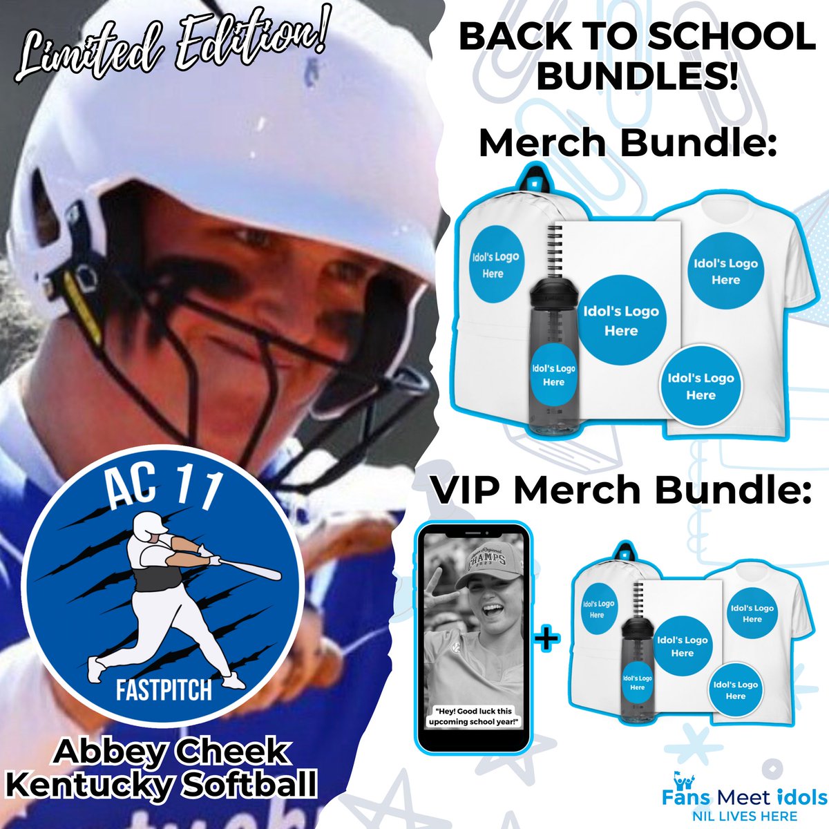FansMeetIdols's tweet photo. Get ready for Fall with Back To School Merch &amp; Bundles!📚🍎 

ADD A VIDEO: The VIP Bundle includes all 5 items AND a Personalized Video Message from the Idol! 

Shop at https://t.co/TjD9tInEyo

@AbbeyCheek @KapalesAlexis @alidubois_ @allee_morris https://t.co/71GVbavnGX