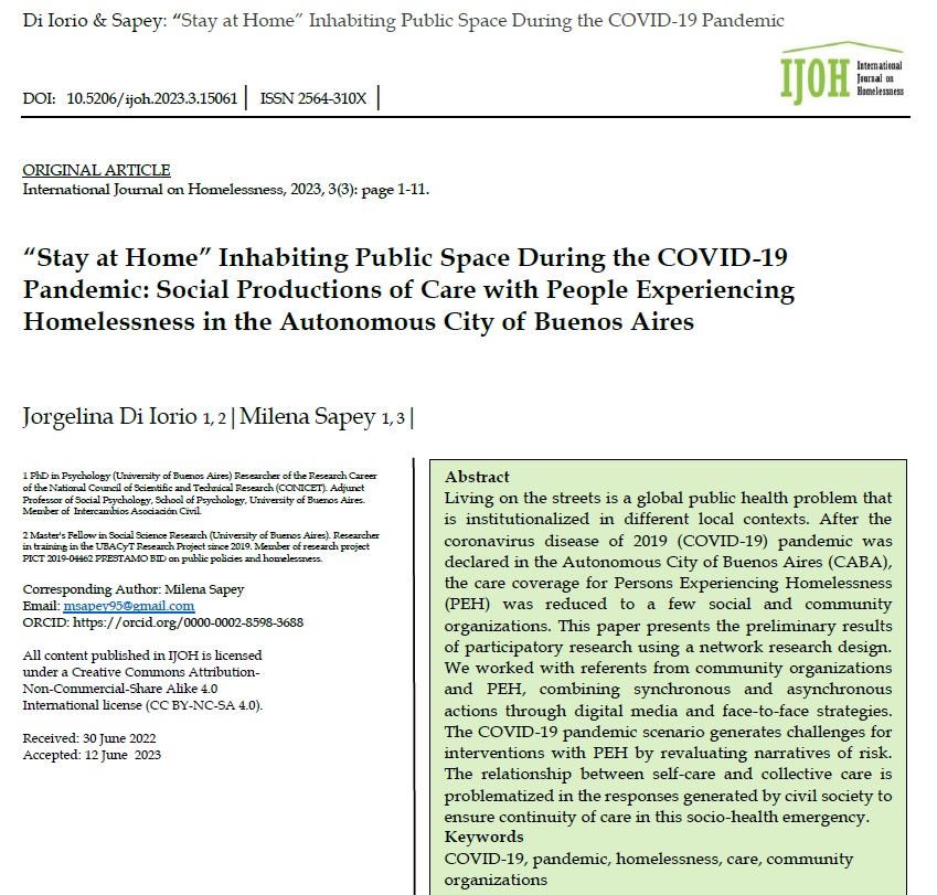 NEW ARTICLE! Available now as open access, online first at: ojs.lib.uwo.ca/index.php/ijoh… From Buenos Aires, Argentina, Di Iorio and Sapey engaged in participatory research to understand experiences of those who were homeless particularly in the context of the COVID-19 pandemic: