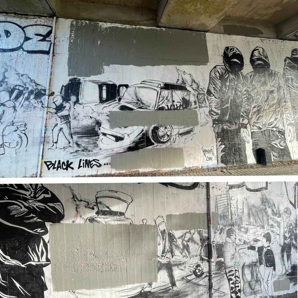 SUR LES MURS, LA MAIRIE DE NANTES CENSURE LE MOT «JUSTICE» - Absurdistan autoritaire - Depuis deux semaines, les artistes du collectif #BlackLines ont réalisé deux fresques contre les violences policières à #Nantes, en lien avec la mort de #Nahel.