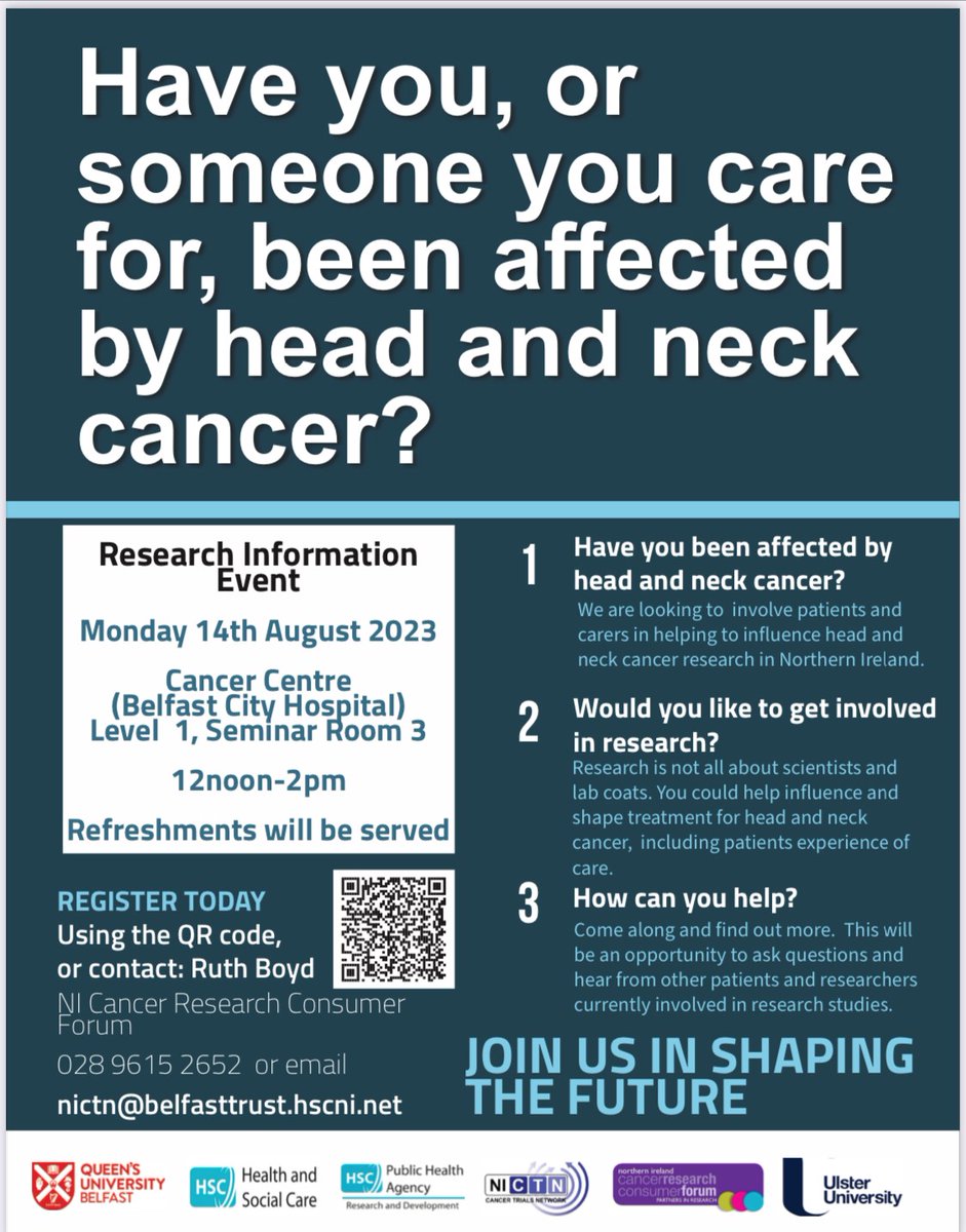 NI Cancer Trials (@nicancertrials) on Twitter photo Please share this invitation - for anyone affected by head and neck cancer who would like to hear about research and how to help shape it! Everyone very welcome - August 14! <a href="/BelfastTrust/">Belfast Trust</a> <a href="/QubPGJCCR/">The Patrick G Johnston Centre for Cancer Research</a> <a href="/semple_cherith/">Cherith Semple</a> <a href="/setrust/">South Eastern Trust</a> <a href="/NHSCTrust/">Northern Trust</a> <a href="/WesternHSCTrust/">Western Trust</a> <a href="/SouthernHSCT/">Southern Trust</a> #NICRCF Please share this invitation - for anyone affected by head and neck cancer who would like to hear about research and how to help shape it! Everyone very welcome - August 14! <a href="/BelfastTrust/">Belfast Trust</a> <a href="/QubPGJCCR/">The Patrick G Johnston Centre for Cancer Research</a> <a href="/semple_cherith/">Cherith Semple</a> <a href="/setrust/">South Eastern Trust</a> <a href="/NHSCTrust/">Northern Trust</a> <a href="/WesternHSCTrust/">Western Trust</a> <a href="/SouthernHSCT/">Southern Trust</a> #NICRCF