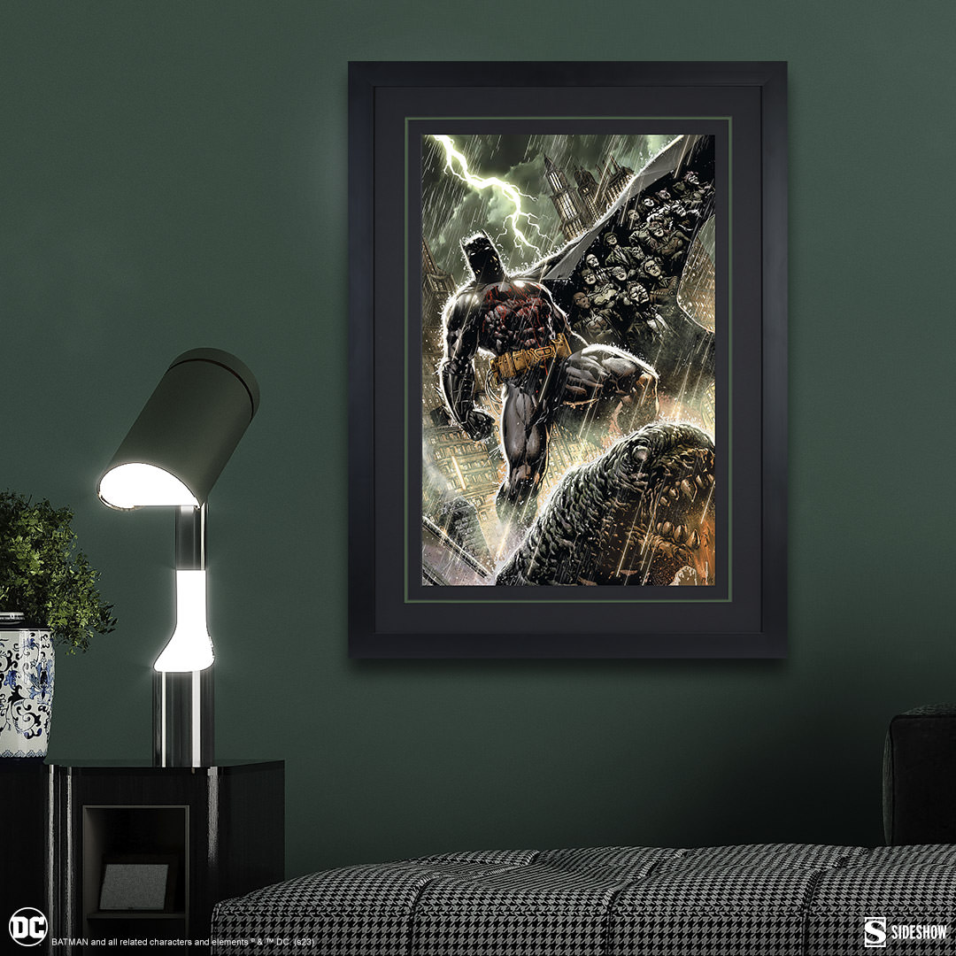 The Dark Knight weathers the storm in the Batman Eternal Fine Art Print by @jasonfabok. Originally created as the cover for Batman Eternal #1 (2014), this legendary art is available for pre-order TODAY! side.show/nzr64 #Batman #DC #ArtPrint #Comic #Cover
