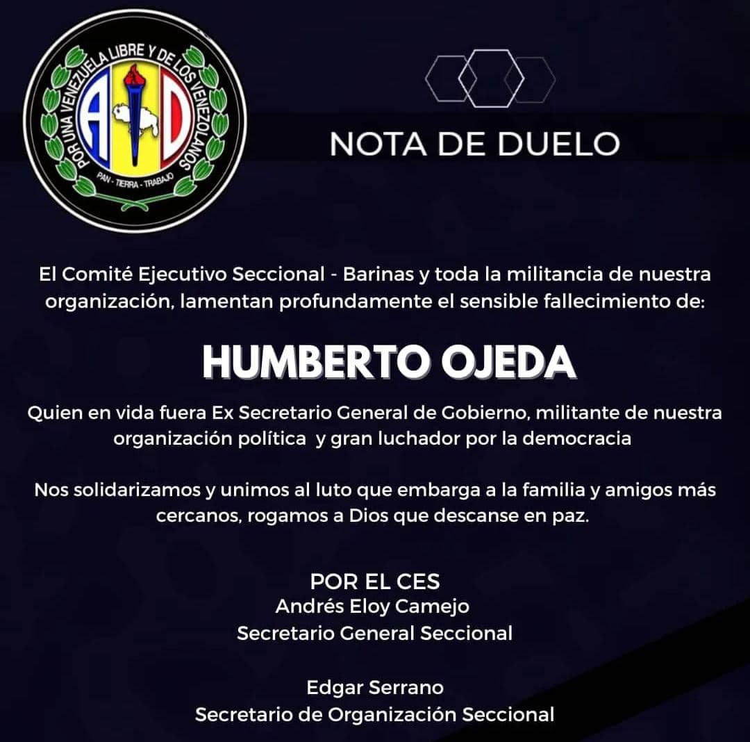 AndresECamejoAD's tweet photo. Con profundo pesar lamento informar el fallecimiento de mi amigo, compañero de partido y gran ser humano al servicio de la libertad y la democracia, Humberto Ojeda. Sin lugar a dudas, una perdida irreparable para el país. A sus familiares y amigos, nuestro acompañamiento. #QEPD https://t.co/HHqsiJ7rM3