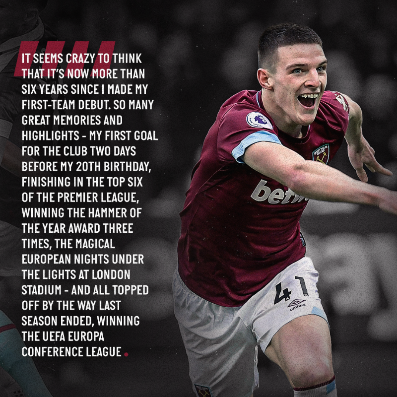 WestHam's tweet photo. Declan Rice has penned an open letter to West Ham fans.