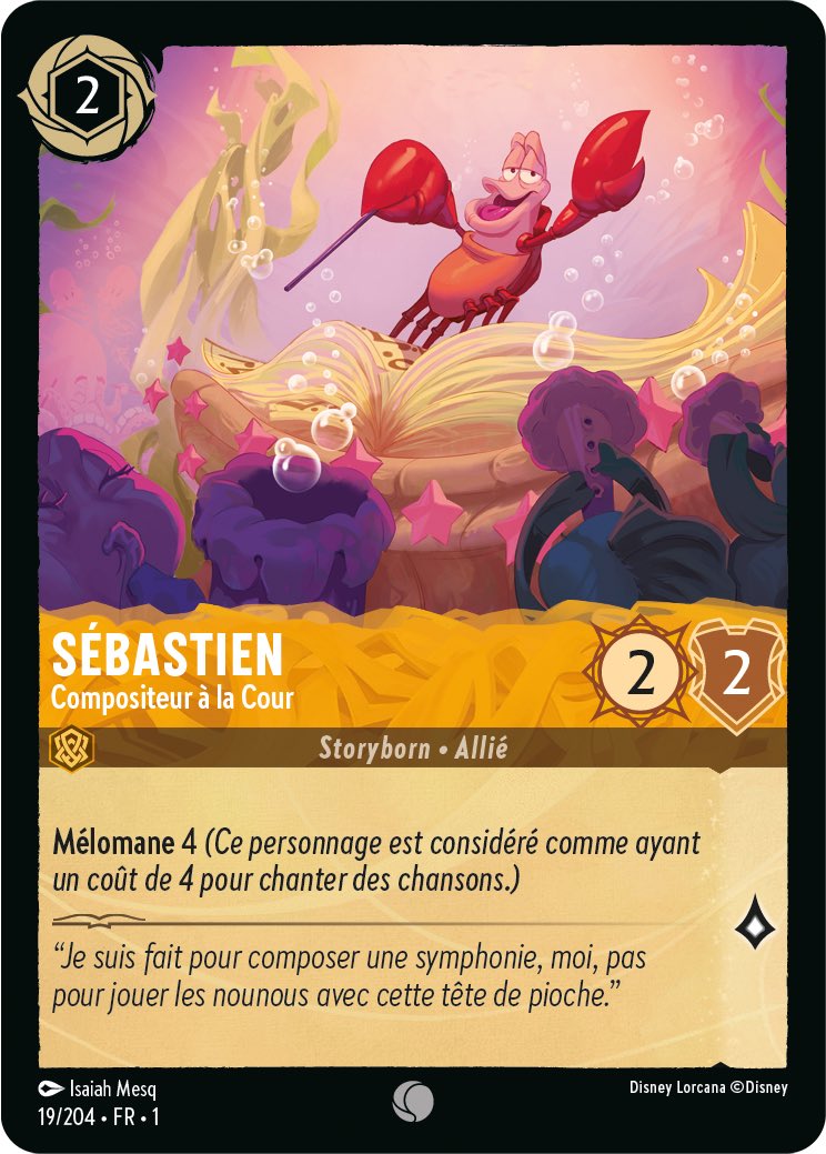 We just revealed a new #Lorcana card:
🦀Sebastian - Court Composer (Amber - Storyborn/Ally) 2-inkable 2/2/1 Singer 4

All 3 languages of the card are soon available on #Lorcania.

@whippet_plays @Tintenvorrat @DisneyLorcana
#CardReveal #Disney #DisneyLorcana #TheFirstChapter