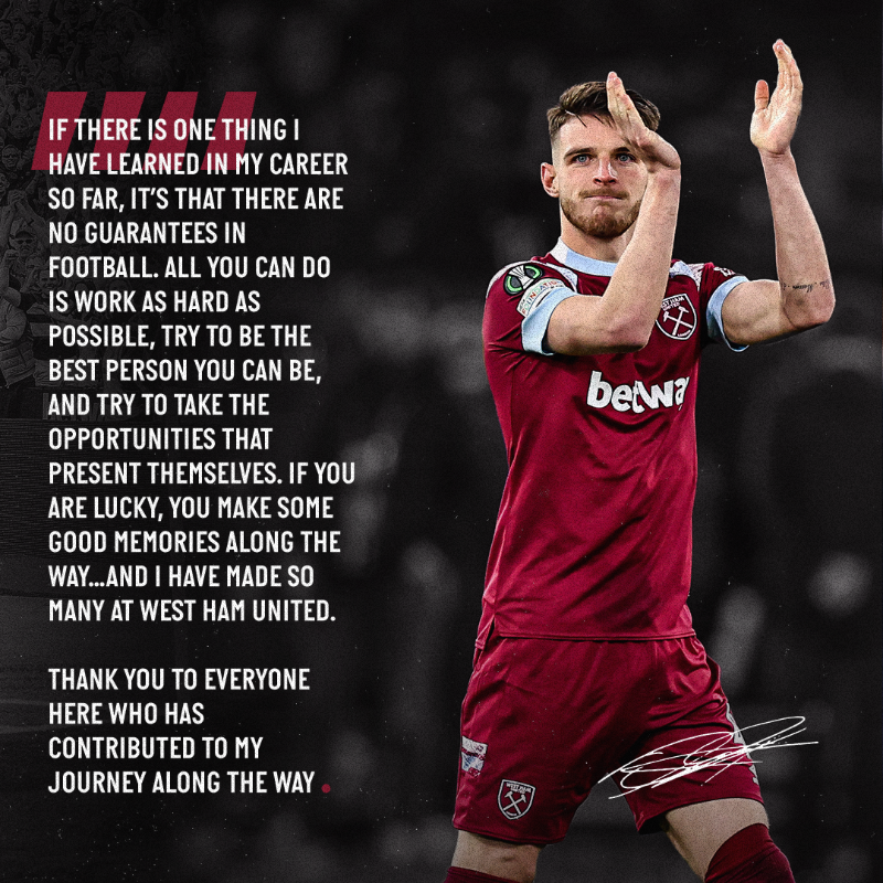 WestHam's tweet photo. Declan Rice has penned an open letter to West Ham fans.