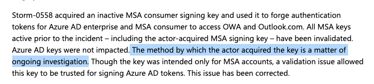 dnvolz's tweet photo. Microsoft: "The method by which the actor acquired the key is a matter of ongoing investigation." https://t.co/ZmXomNwC14