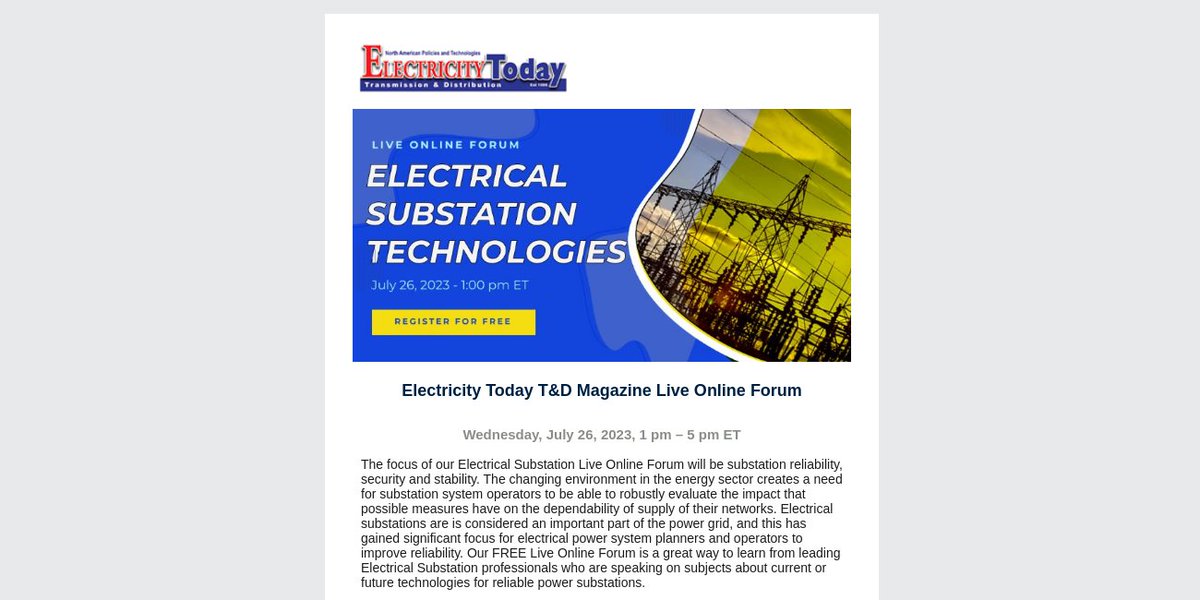 Join us for this free Live Online Forum on Electrical Substation Technologies. An afternoon learning experience. Receive free knowledge from 6 industry experts. buff.ly/3pPFDvs
