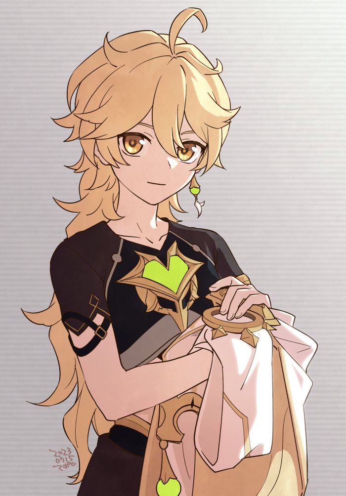 aether (genshin impact) 1boy blonde hair male focus long hair earrings yellow eyes jewelry  illustration images