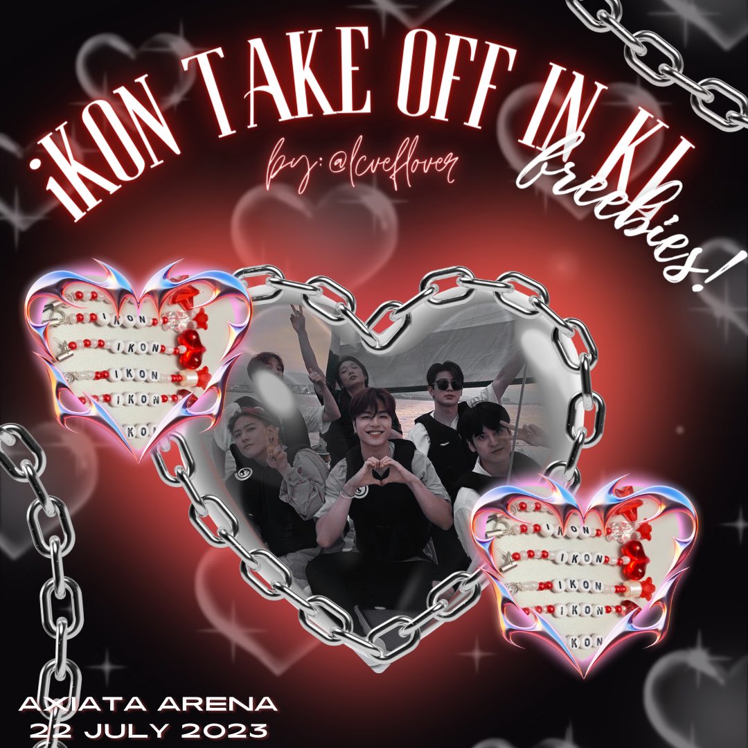 GET READY? SHOWTIME!🤘🏻

🔗iKON TAKE OFF IN KL FREEBIES✈️
by <a href="/lcveflover/">chaenisl ✮</a>

📎AXIATA ARENA
🗓️22 JULY 2023
⌚️TBA

How:
📎 rt &amp;like this tweet
📎 say hi &amp; show me this tweet

🫧phone charm
🫧limited quantity
🫧FCFS

 #iKONinMY #iKONinKL #iKONinKualaLumpur #TAKEOFFinKL #TAKEOFFinMY