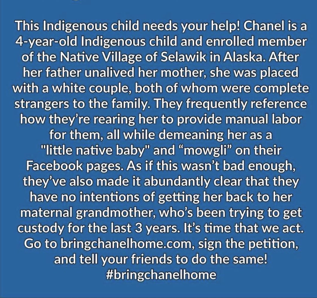 TyonieT's tweet photo. The Supreme Court has upheld ICWA, it’s time for Fairbanks Courts to HONOR IT.
#bringchanelhome https://t.co/x3ZVZ7gKBf 
#icwa https://t.co/Sggri8in2b