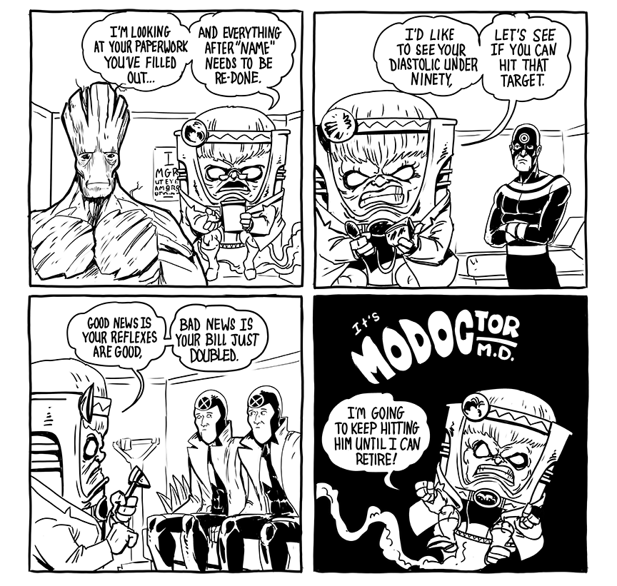 bryankellydraws's tweet photo. In the MODOCtor office, this week are Groot, Bullseye, and Multiple Man. Enjoy your weekend everybody!
#MODOCtor #modok #modoctorcomic #comic #cartoon #groot #bullseye #multipleman #marvelcomic #webcomic #dentontx #bryankellydraws https://t.co/f9eVCNKl3W