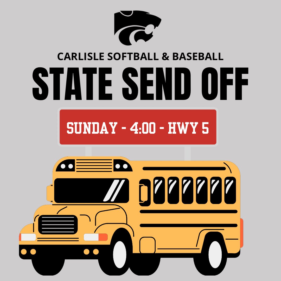 CarlisleSoftbal's tweet photo. On Sunday at 4:00, the softball and baseball teams will have a joint send off along the highway! Come out and show support to both teams as we head to our state tournaments! ♥️💛 https://t.co/aayUtfbdUM