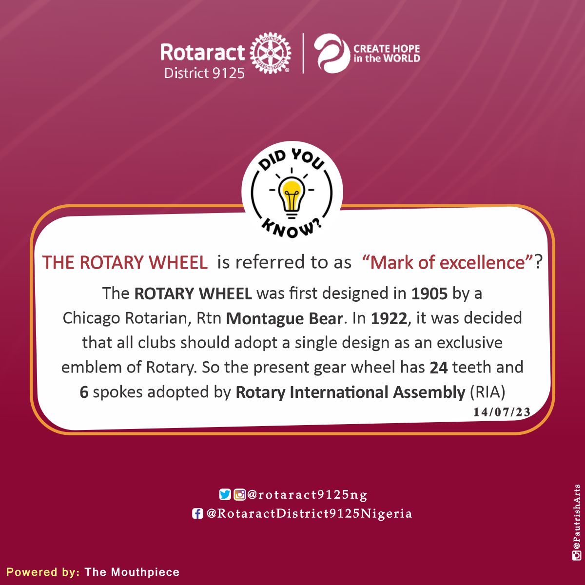 Rotaract9125NG's tweet photo. DID YOU KNOW?

The gear teeth around the outside of Rotary/Rotaract logo represents the fact that work is to be done.

The six spokes represent the inner direction and path of our Vocational Service.
1/2
#FunFactFriday #D9125
#CreateTheHope https://t.co/qMZVUy68ic