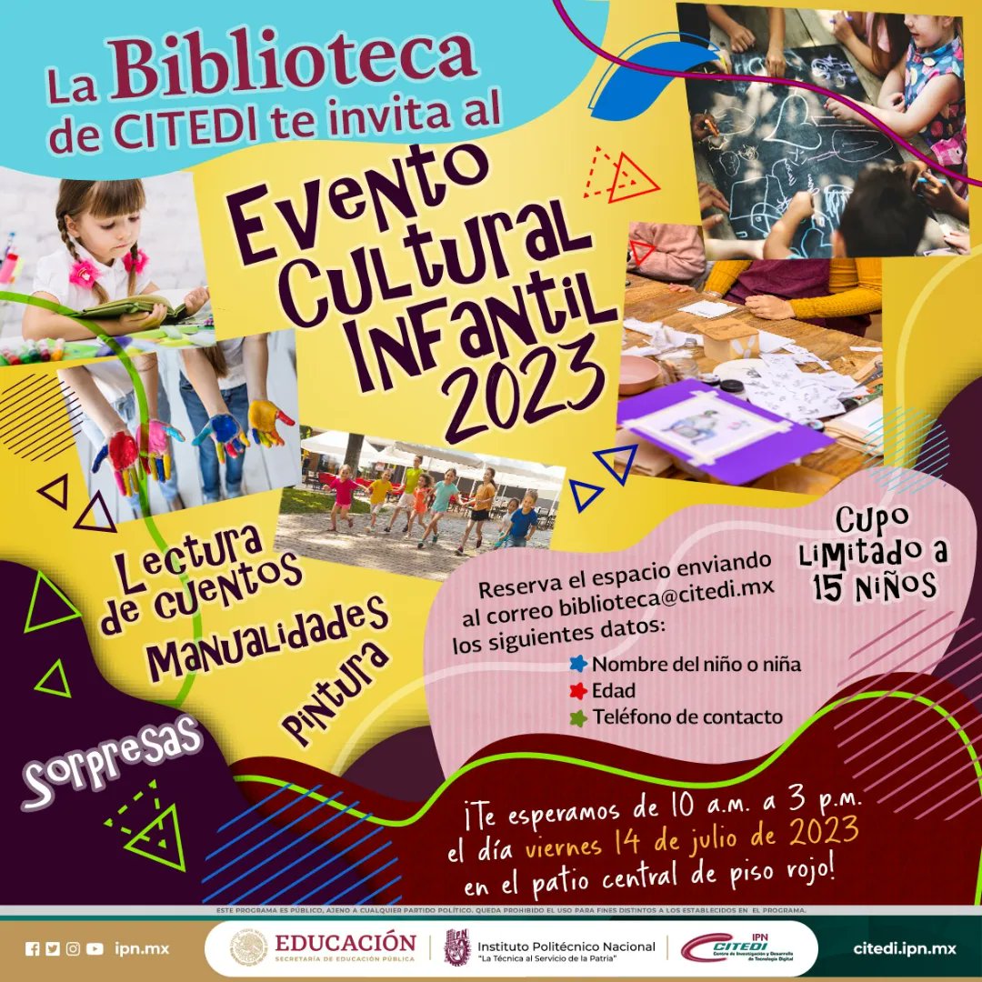 Citediipn's tweet photo. Inicia Evento Cultural Infantil 2023 (Comunidad CITEDI y CVDR) organizado por Biblioteca y Red de Género Citedi IPN.

¡Bienvenidos y esperamos que lo pasen excelente amiguitos! 🥳👧🧑👧🏻👦🧸🎭📚🎨

#EventoCulturalInfantil #BibliotecaCitedi #ReddeGenero #CITEDI #IPN https://t.co/ktCWsGyZwC