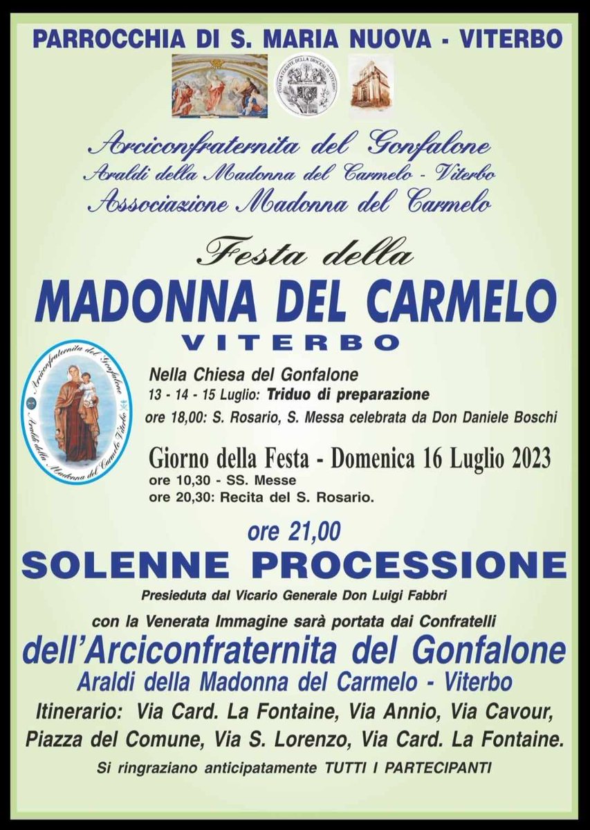 📌In occasione della processione in onore della Madonna del Carmelo, domenica 16 luglio , il comando di polizia locale ha emanato l’apposita ordinanza con alcuni provvedimenti riguardanti la sosta e la circolazione veicolare.

🌐 bit.ly/3OeVqNS

#ComunediViterboInforma
