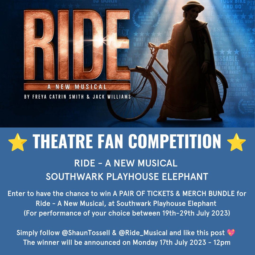 ⭐ THEATRE FAN COMPETITION ⭐

Enter for a chance to win a pair of tickets &amp; merch bundle for the fabulous <a href="/Ride_Musical/">RIDE - A New Musical</a>, coming to <a href="/swkplay/">Southwark Playhouse</a> Elephant, later this month ✨

Details below 💖 X x x