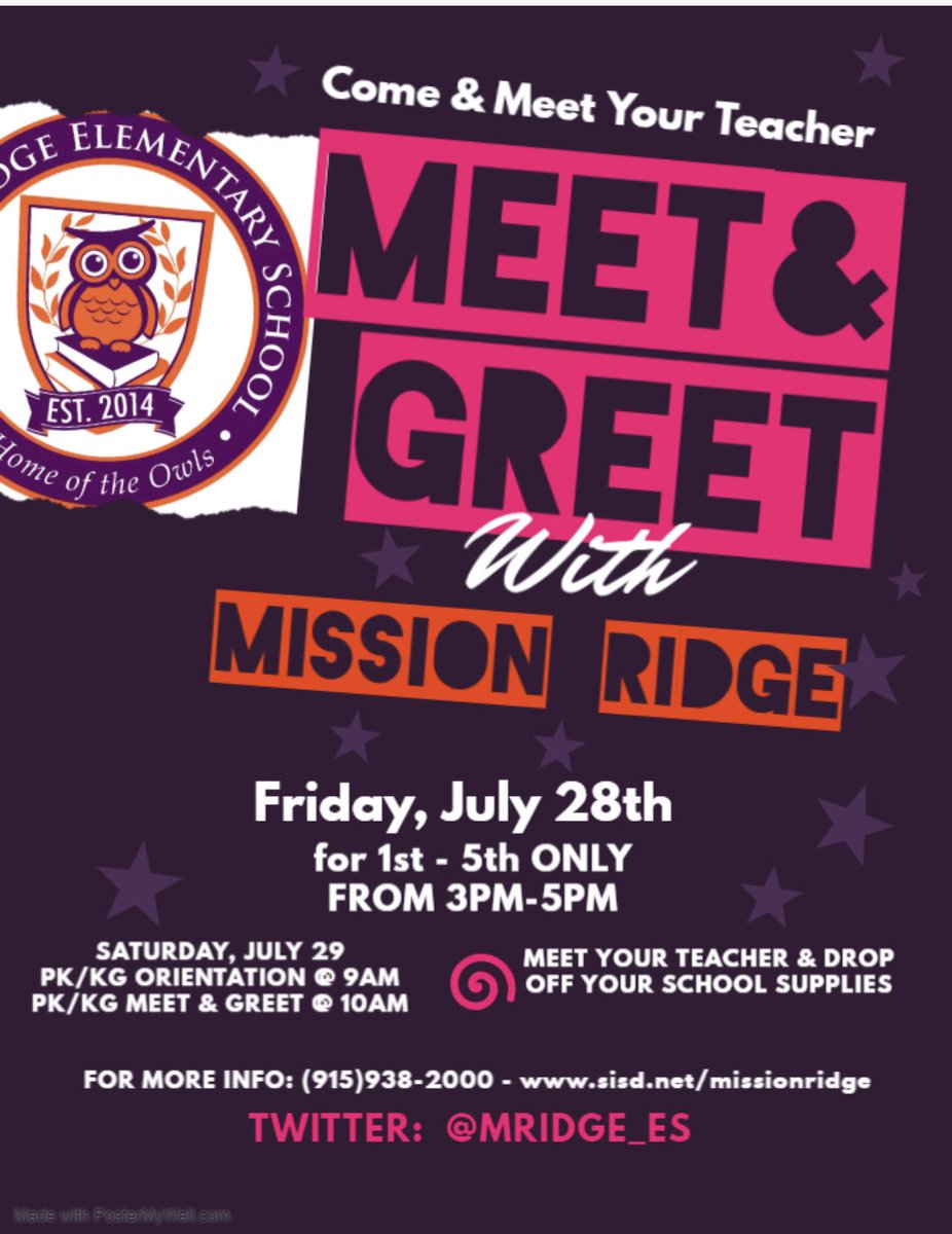 MRidge_ES's tweet image. Owls, T-minus two weeks to start this school year’s Mission!! Join us for our Teacher Meet &amp;amp; Greet!! 💜🦉🧡 #TeamSISD #manymindsONEmission #VoxCorVita #learnlikeaCHAMPteachlikeaCHAMP