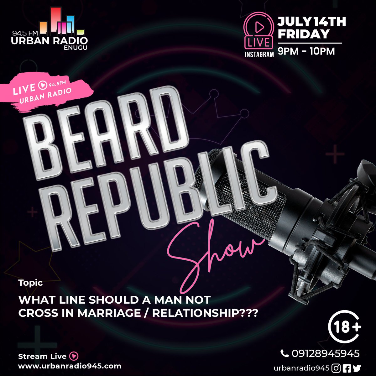 UrbanRadio945's tweet photo. Unveiling the Boundaries: Navigating Marriage and Relationships for Men. 

Tune in to Beard Republic as we delve into the critical question: What lines should a man never cross in marriage?  💑🎙️
#UrbanRadio945 #Urban #BeardRepublic #Explore https://t.co/jfTFkDgGyz