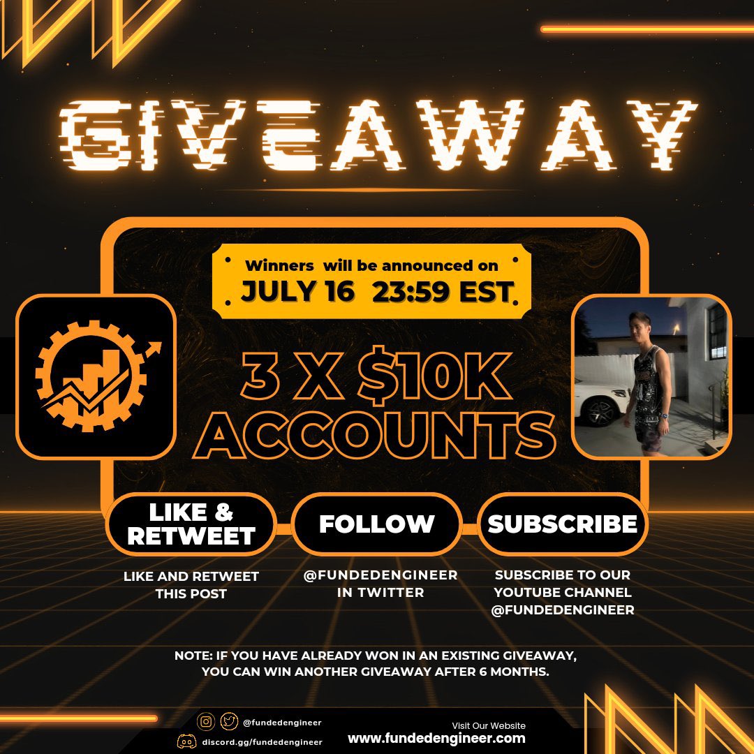 AWONGAW's tweet photo. In celebration of the DD blocker, I'm giving away 3 x $10,000 accounts in collaboration with @fundedengineer

- Like and Retweet this post 

- Follow
@fundedengineer, @FundedTraderH,
@awongaw

- Subscribe to FundedEngineer on youtube (link below)
https://t.co/0c2LJvX94v https://t.co/fjpyB6g7j8