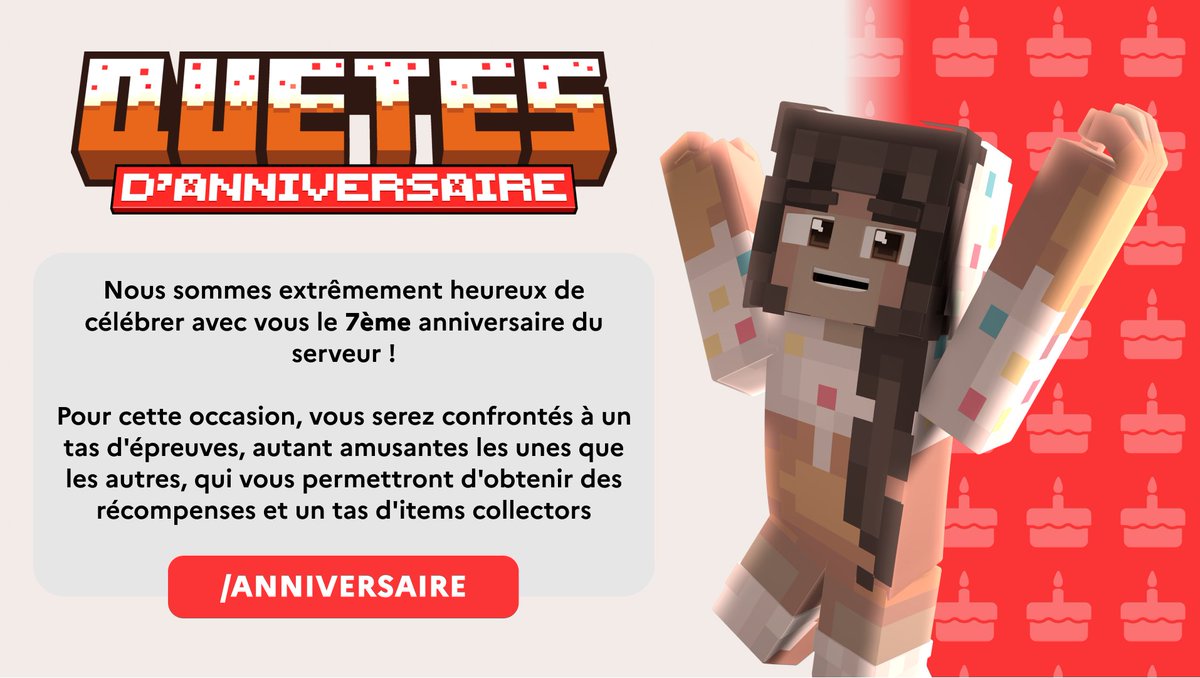SurvivalWorldFR's tweet photo. 🎂 Quêtes d'Anniversaire

Nous sommes extrêmement heureux de célébrer avec vous les 7 ans du serveur ! 🕯🥳

À cette occasion, un tas d'épreuves amusantes vous attendes, ainsi que de superbes récompenses ! 🎁

Pour fêter ça rejoins nous sur :
▪︎ https://t.co/TXodghcURh https://t.co/efwAUB8mkZ