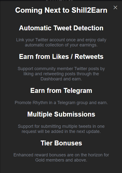 RhythmBSC's tweet photo. Testing for Shill2Earn is live

https://t.co/VU3AvMODhQ

Rewards will be enabled in the next few days

Here's a preview of what's coming next to the Shill2Earn Dashboard https://t.co/WRSXkzlz1j