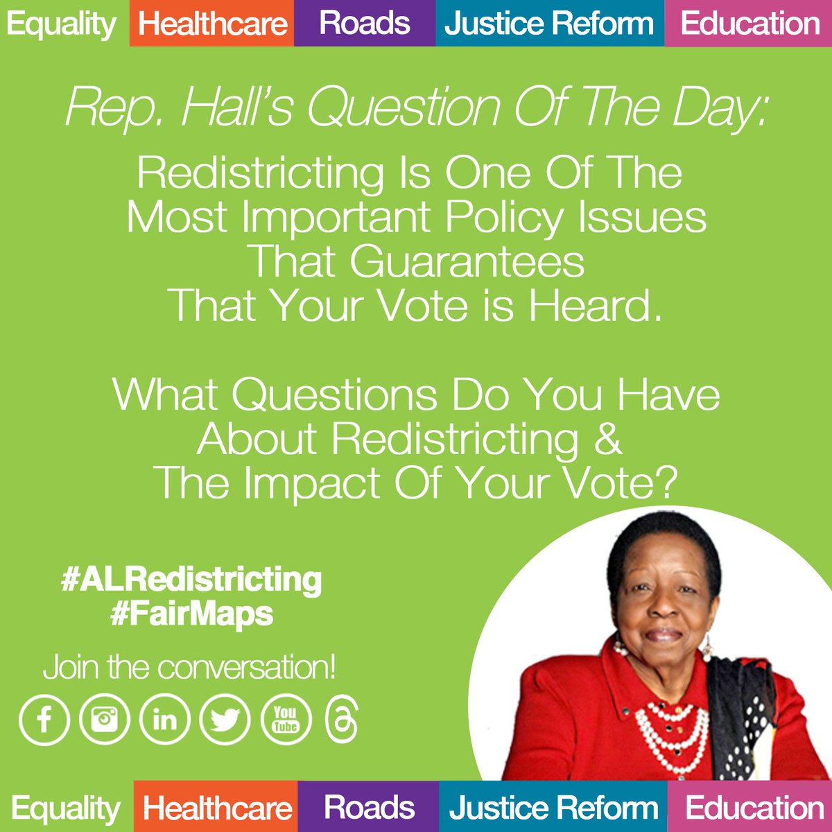 RepLauraHallD19's tweet photo. Redistricting Is One Of The Most Important Policy Issues That Guarantees That Your Vote is Heard.

What Questions Do You Have About Redistricting &amp; The Impact Of Your Vote? #ALRedistricting #FairMaps #QOTD https://t.co/RzGjIiBd1O