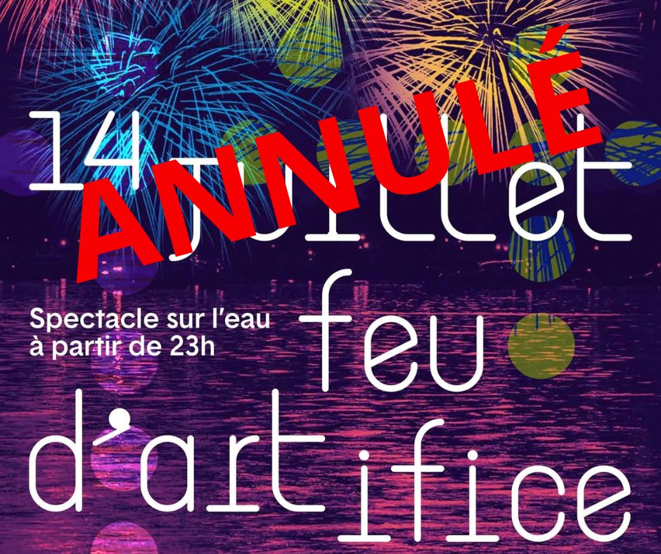 En raison des conditions météorologiques défavorables l’artificier a pris la décision de ne pas tirer le feu d’artifice ce soir
Nous allons étudier la possibilité d’un report sur une autre date
Je partage votre déception et vous souhaite tout de même une très belle fête nationale